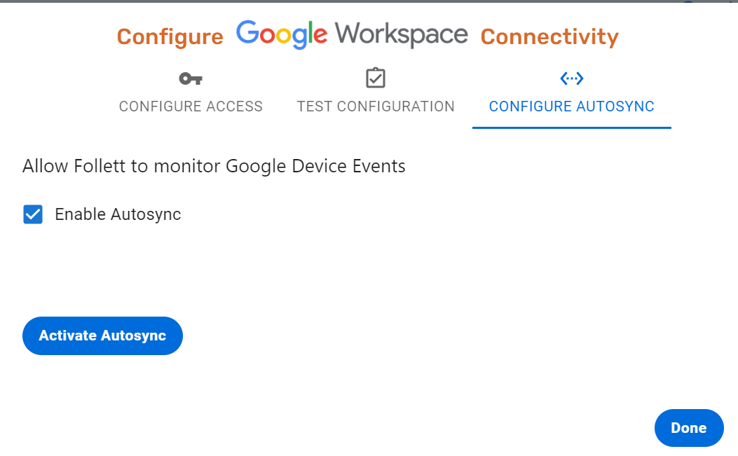 Google Workspace Connectivity Configure Autosync tab